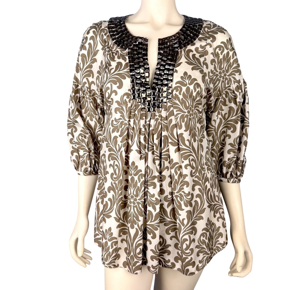 Magaschoni Blouse Size M Metallic Baroque Beaded Embellished Holiday Top Silk